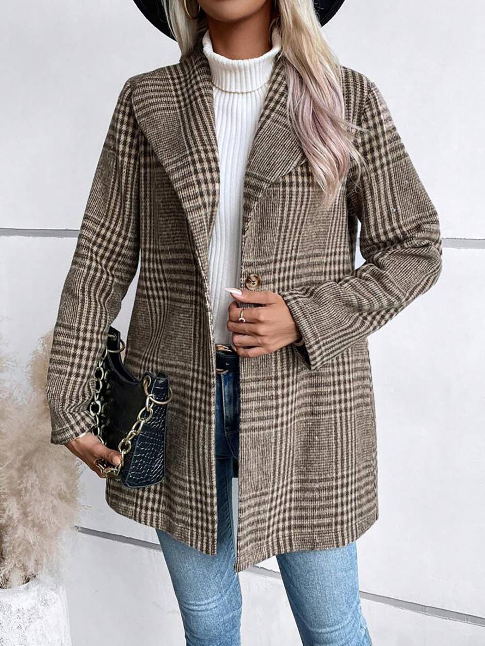LAPEL WOOL PLAID COAT SLIM TEMPERAMENT COAT