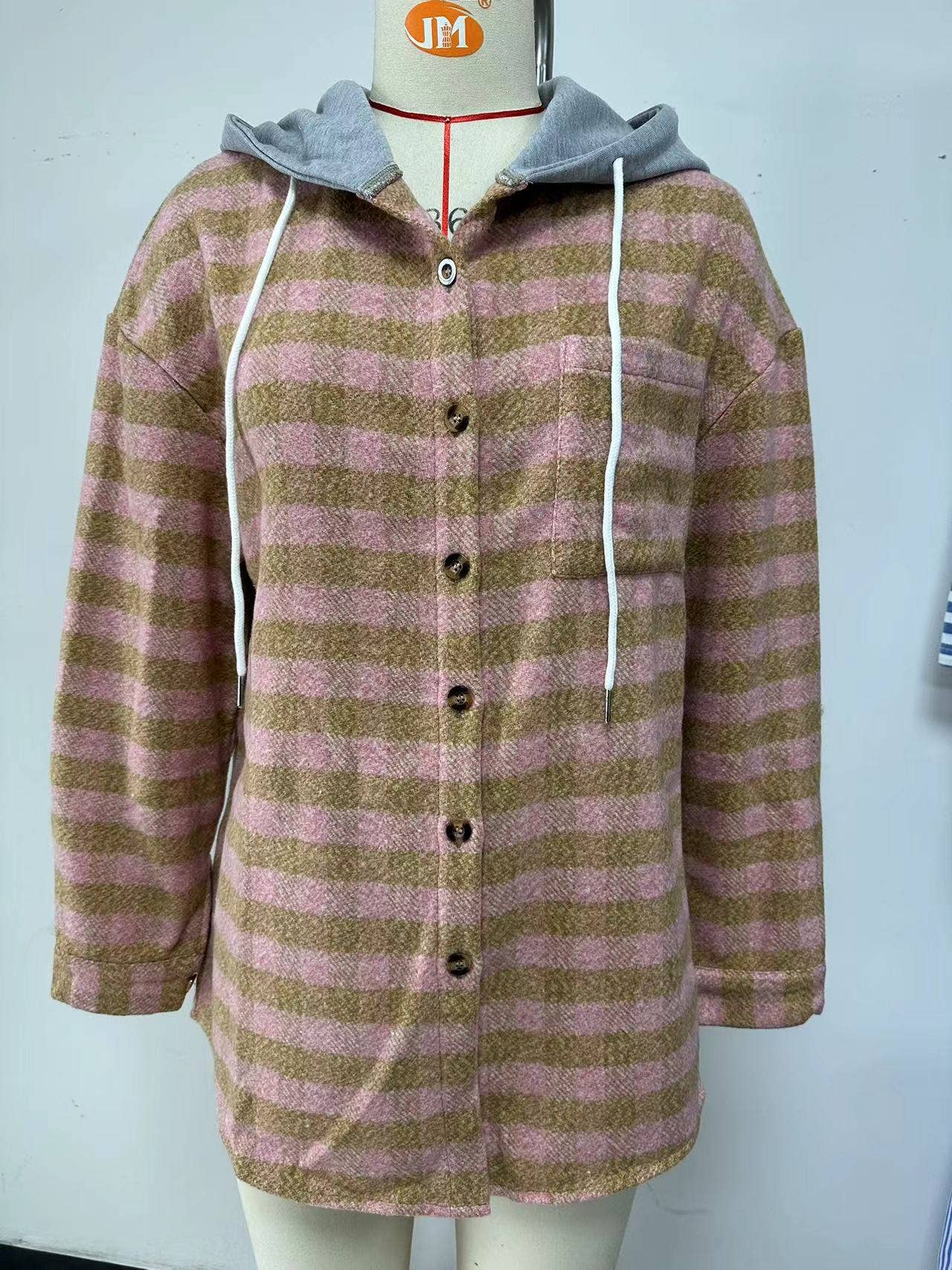 HOOD PLAID PATCHWORK SINGLE BREASTED WOOLEN COAT