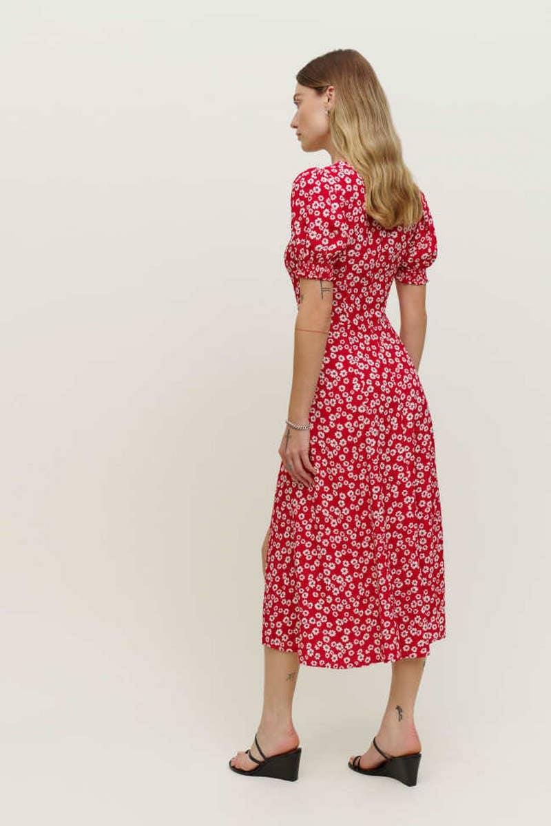 CWDMD5694_SQUARE NECK PUFF SLEEVE FLORAL SLIT MAXI DRESS