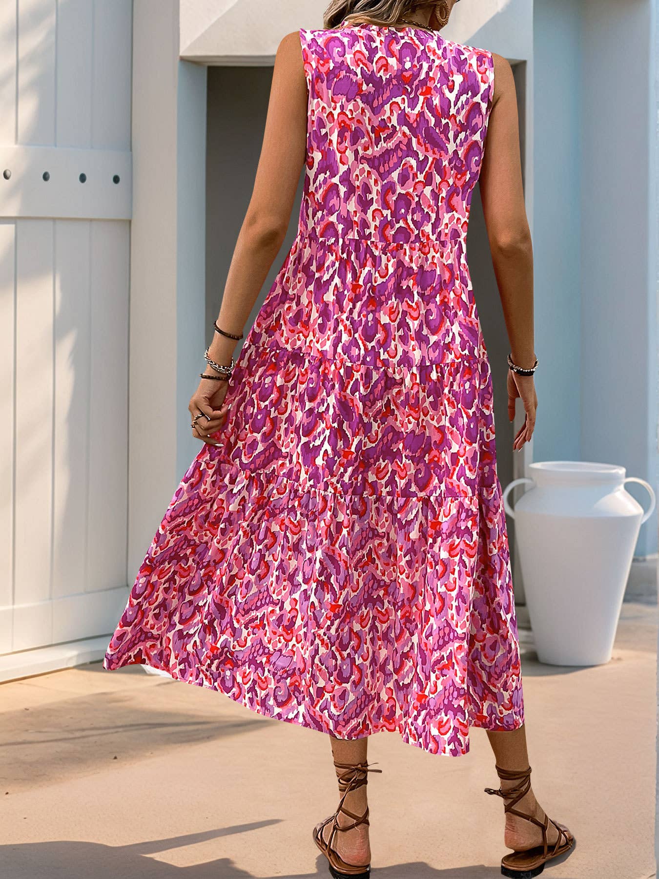 Ethnic print sleeveless V-neck long loose dress