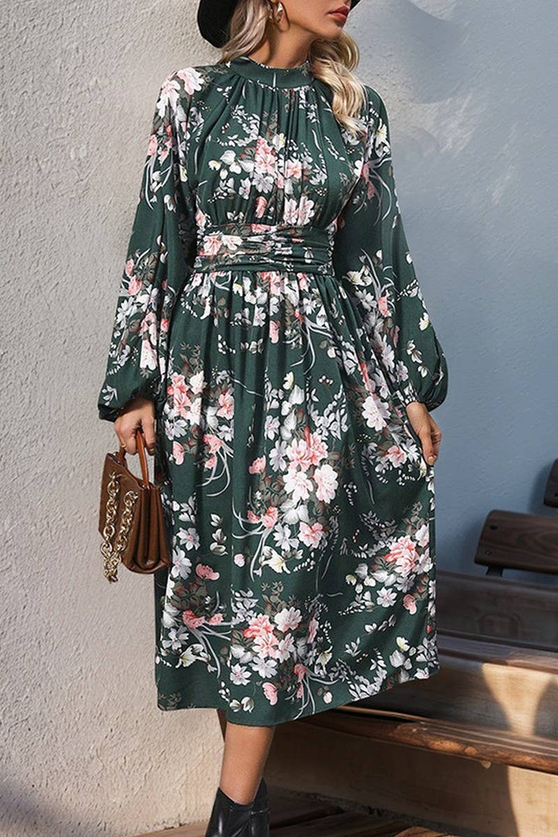 CWDMD3085_RETRO PRINT STAND COLLAR HIGH WAIST DRESS