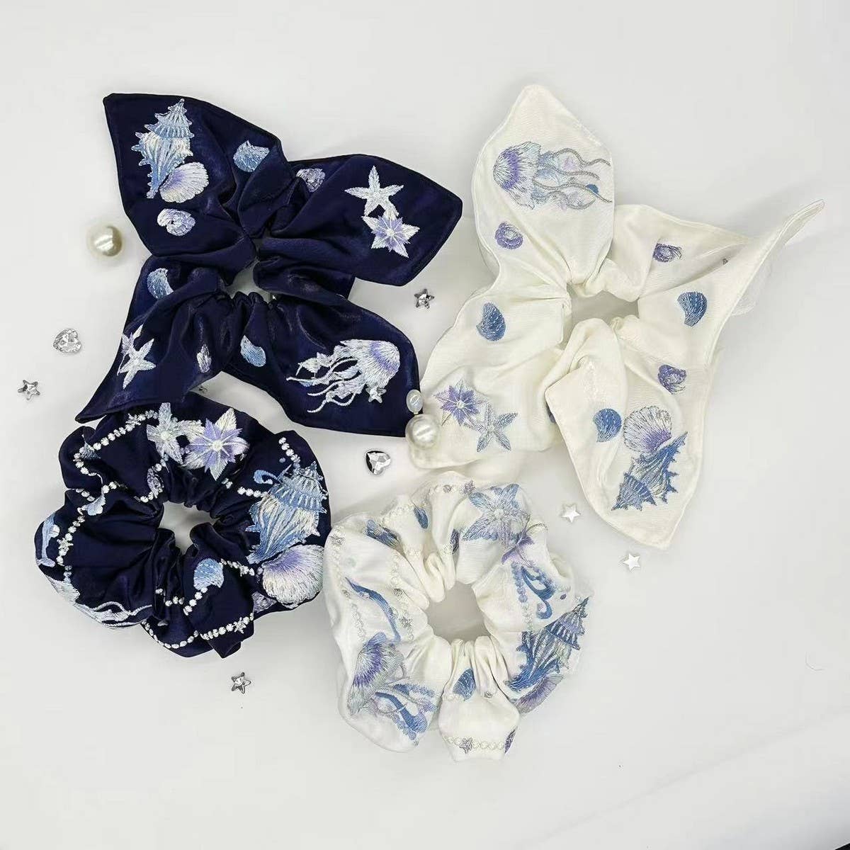 EMBROIDERED MARINE LIFE SQUARE SCARF HAIR TIE