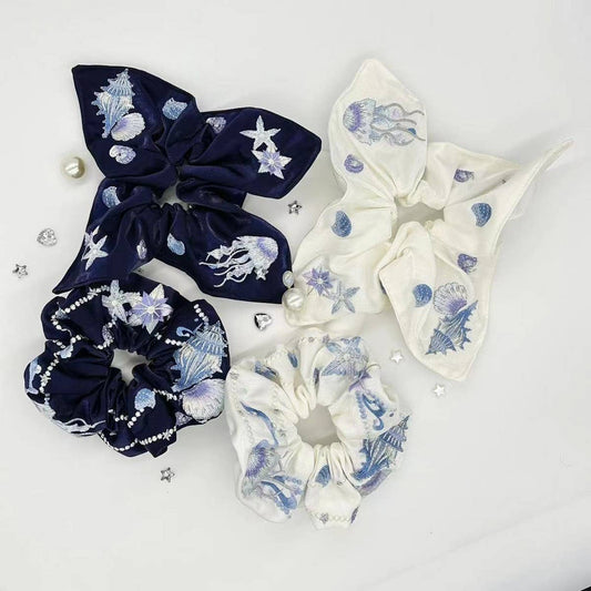 EMBROIDERED MARINE LIFE SQUARE SCARF HAIR TIE