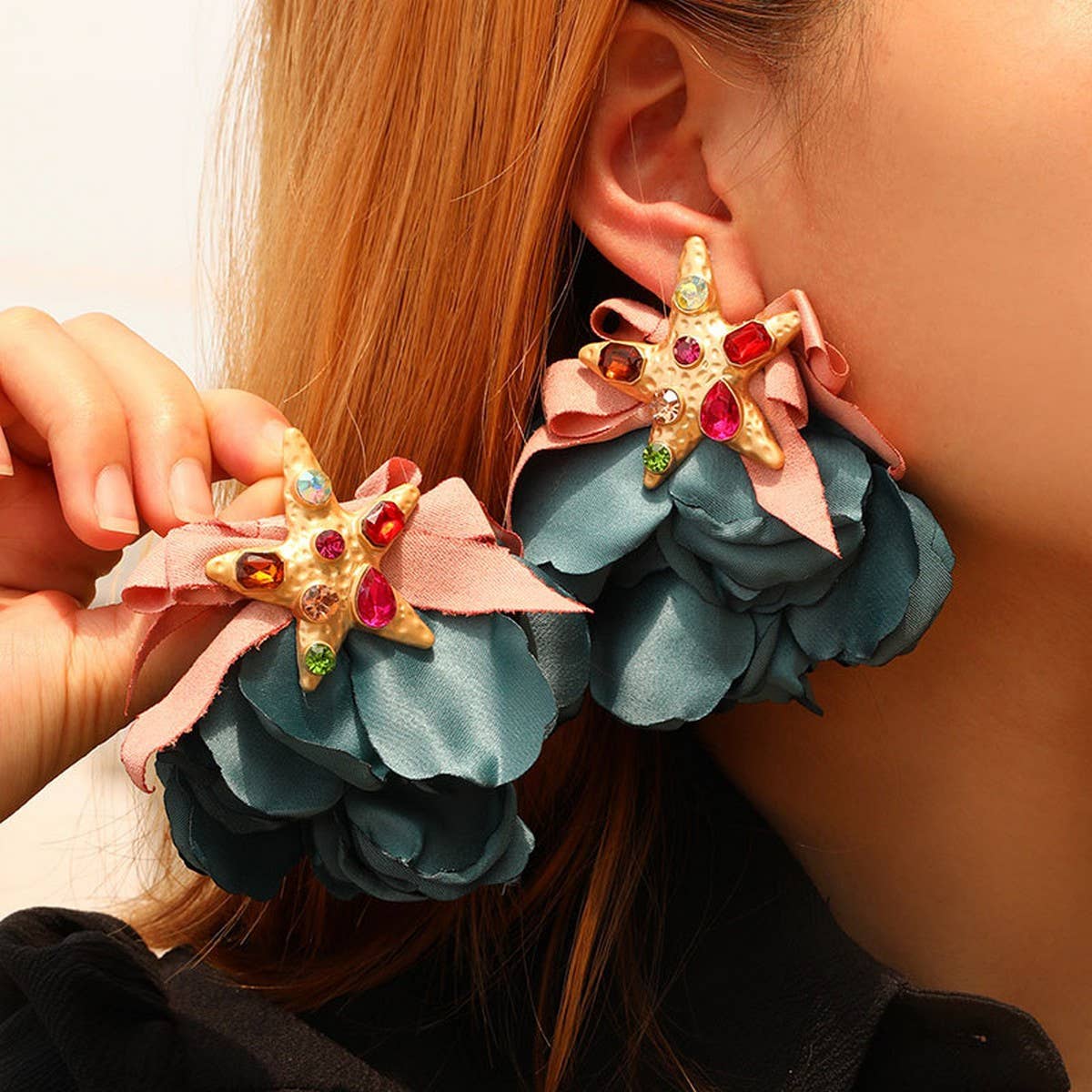 Handmade Starfish Floral Rhinestone Earrings