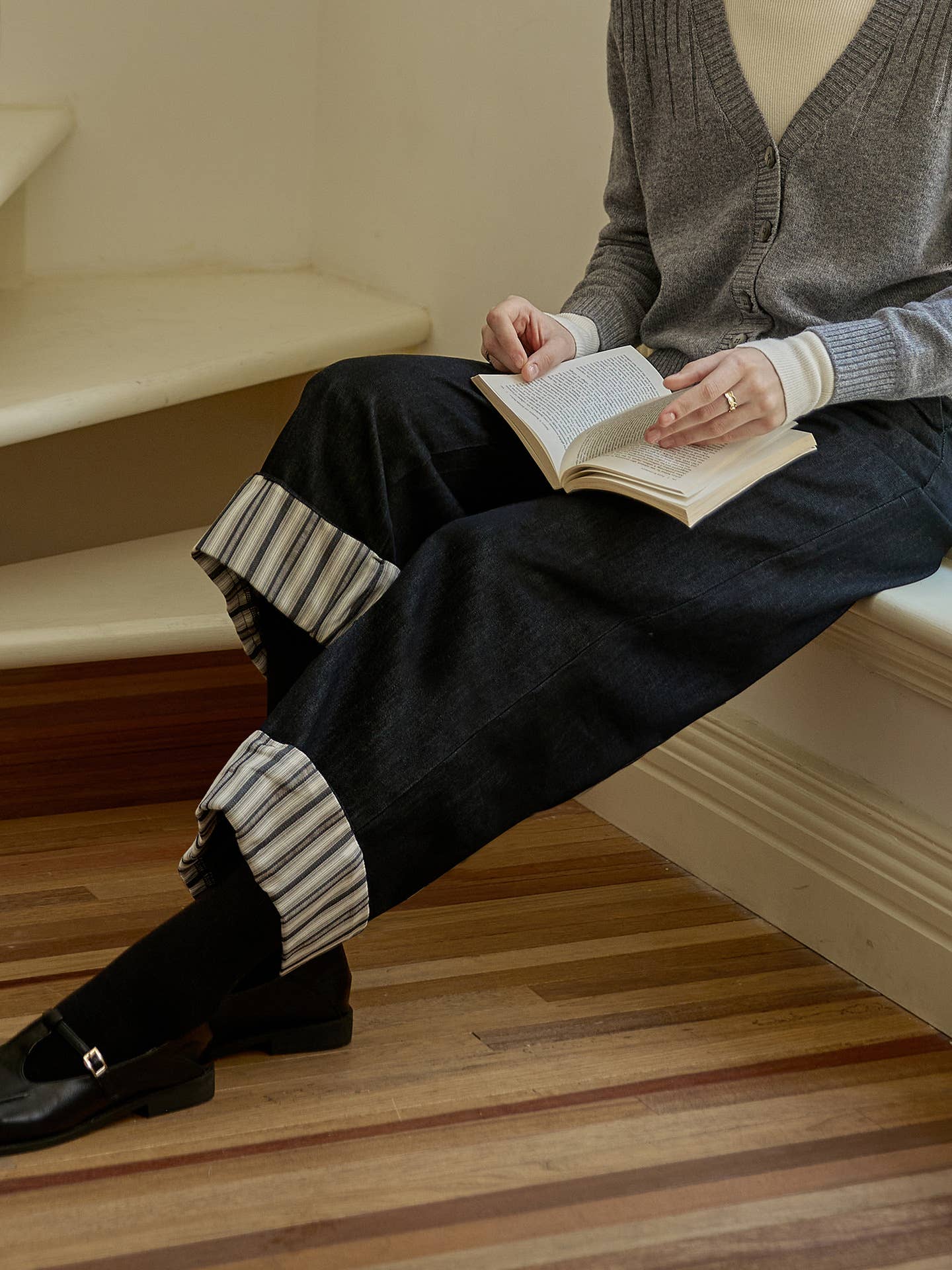 Straight-leg striped wide-leg jeans