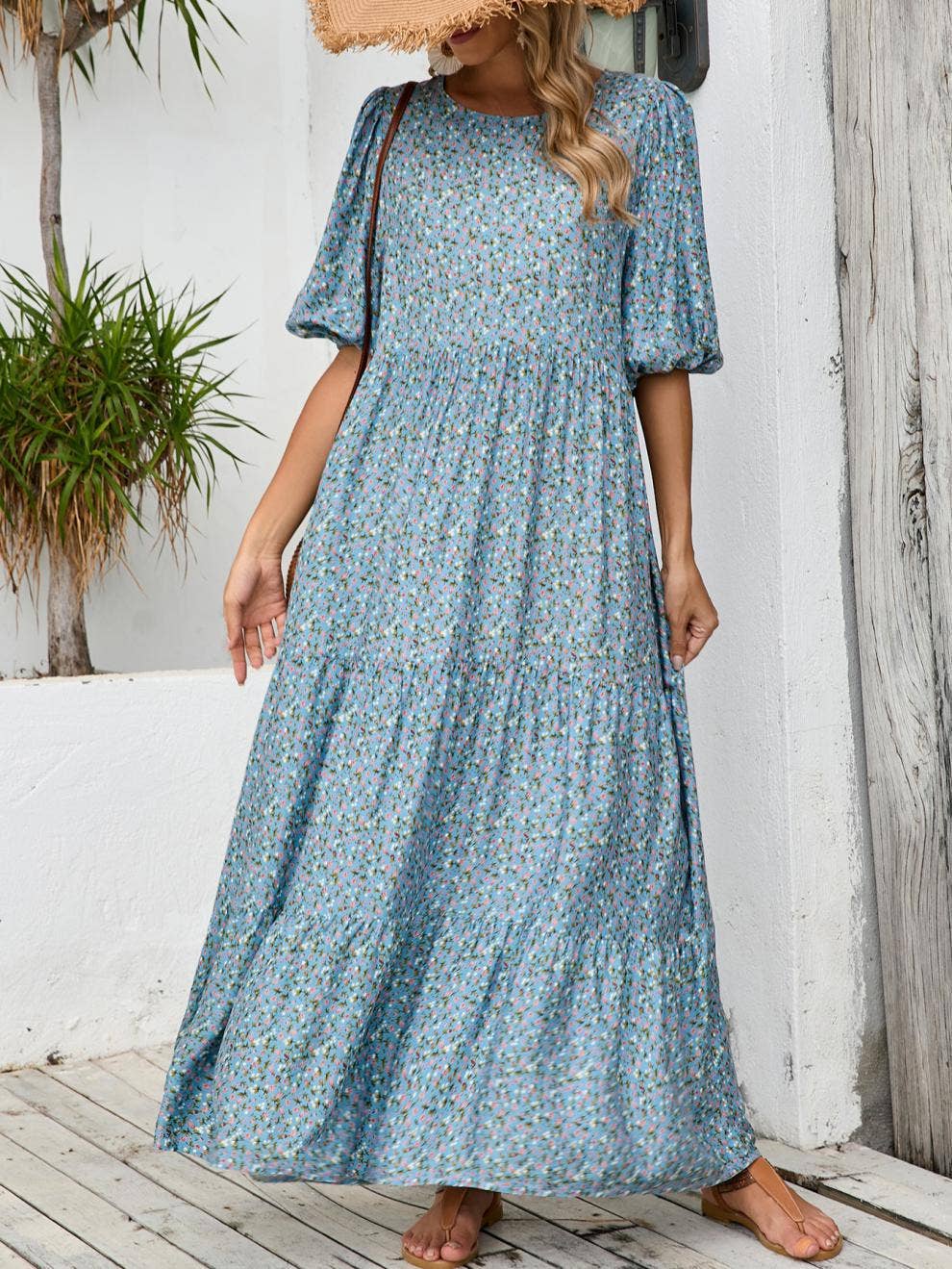 Puffy sleeve crew neck floral print long dress