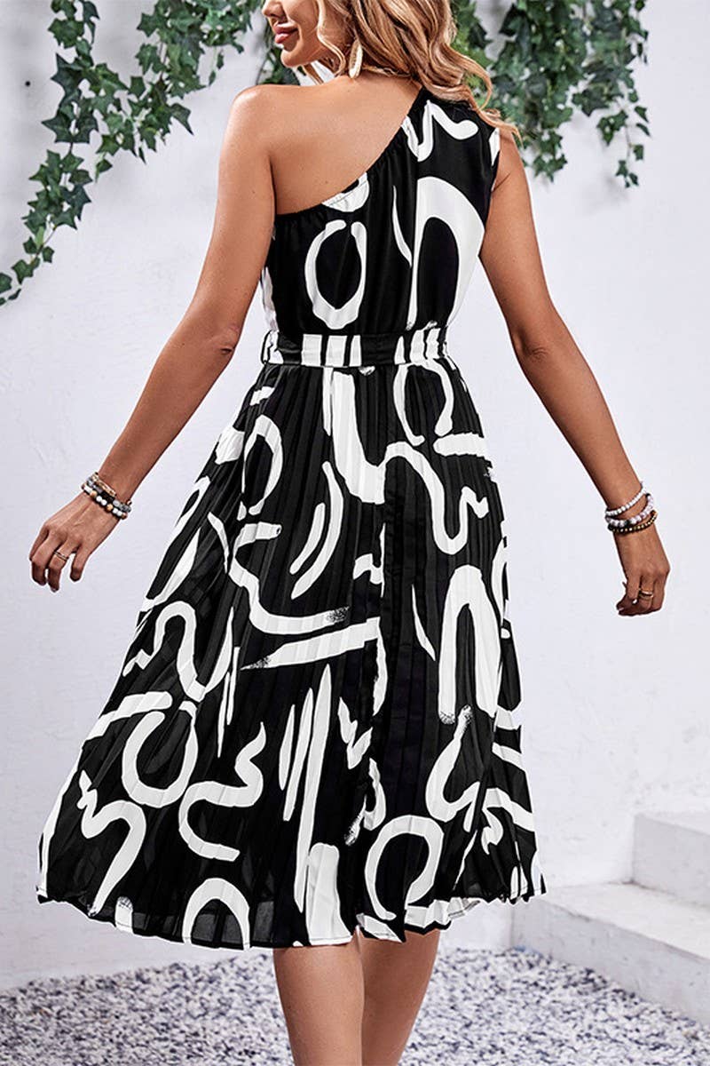 PRINTED LETTER INCLINED SHOULDER SLEEVELESS DRESS_CWDSD2904