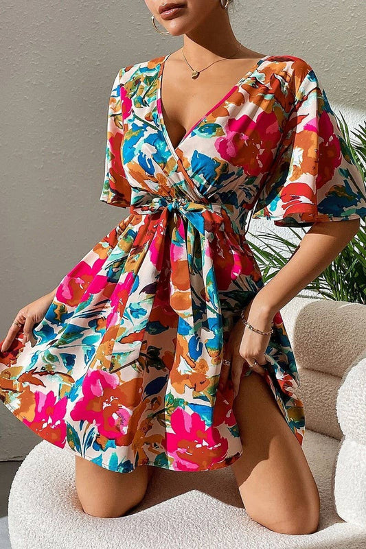 CWDSD6964_FLORAL PRINT CROSSOVER NECK BELTED DRESS