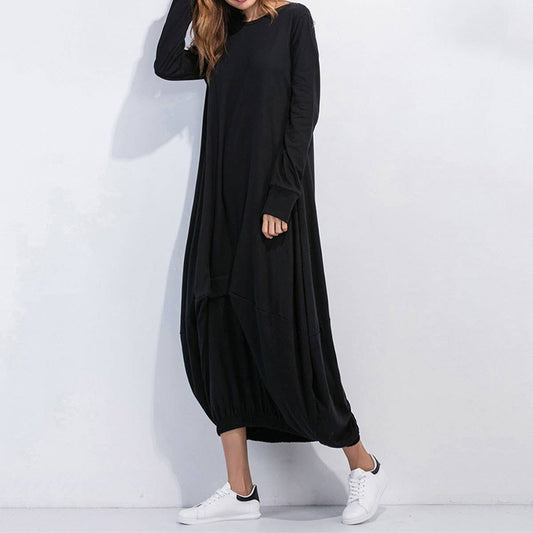 SOLID COLOR ROUND NECK LANTERN SKIRT DRESS