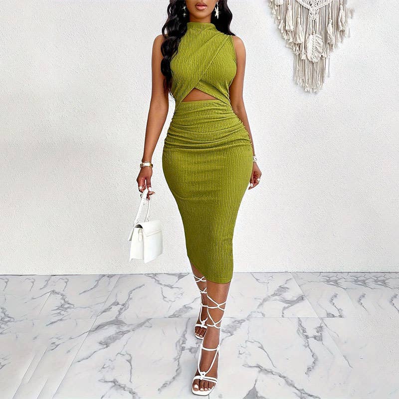 HOLLOWED-OUT FRILLY STRETCH HIP DRESS