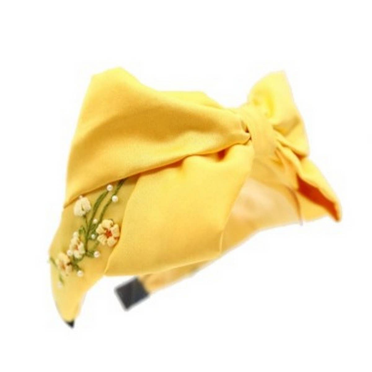 Embroidered Yellow Flower Bow Headband Creamy Silk