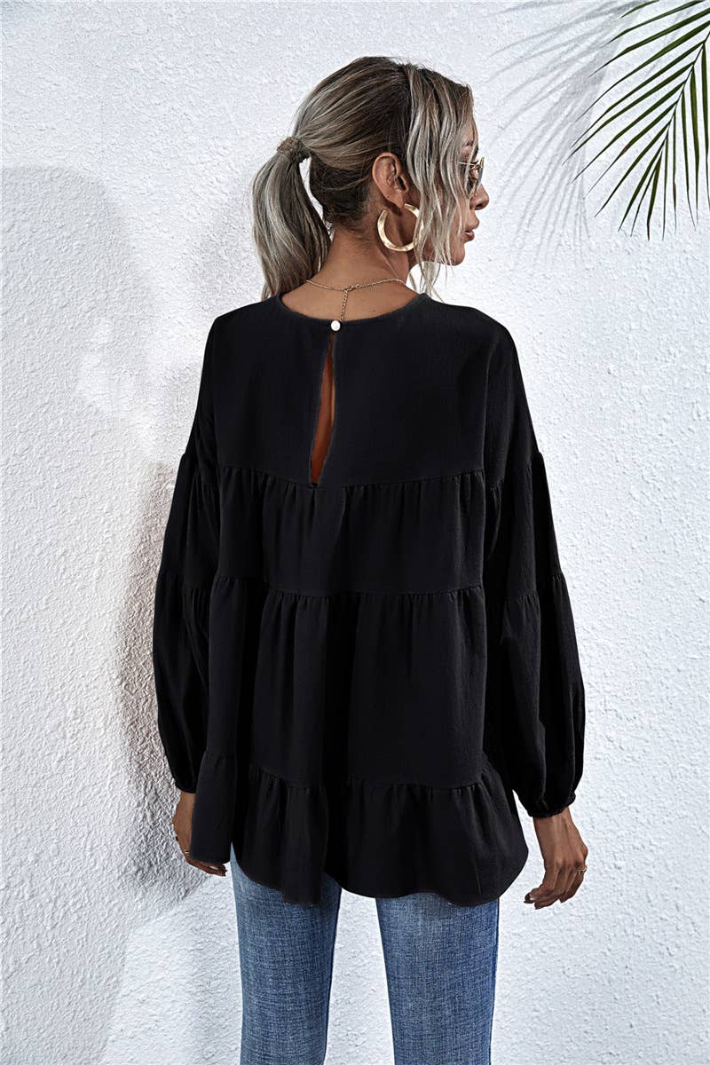 SOLID COLOR ROUND NECK LANTERN SWING LOOSE TOP