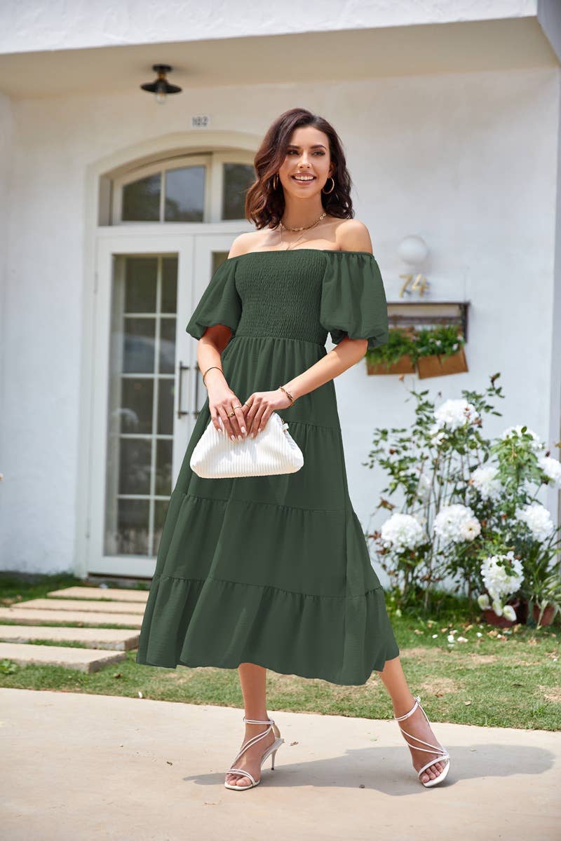 Square neck backless puffy sleeve pleated dress
