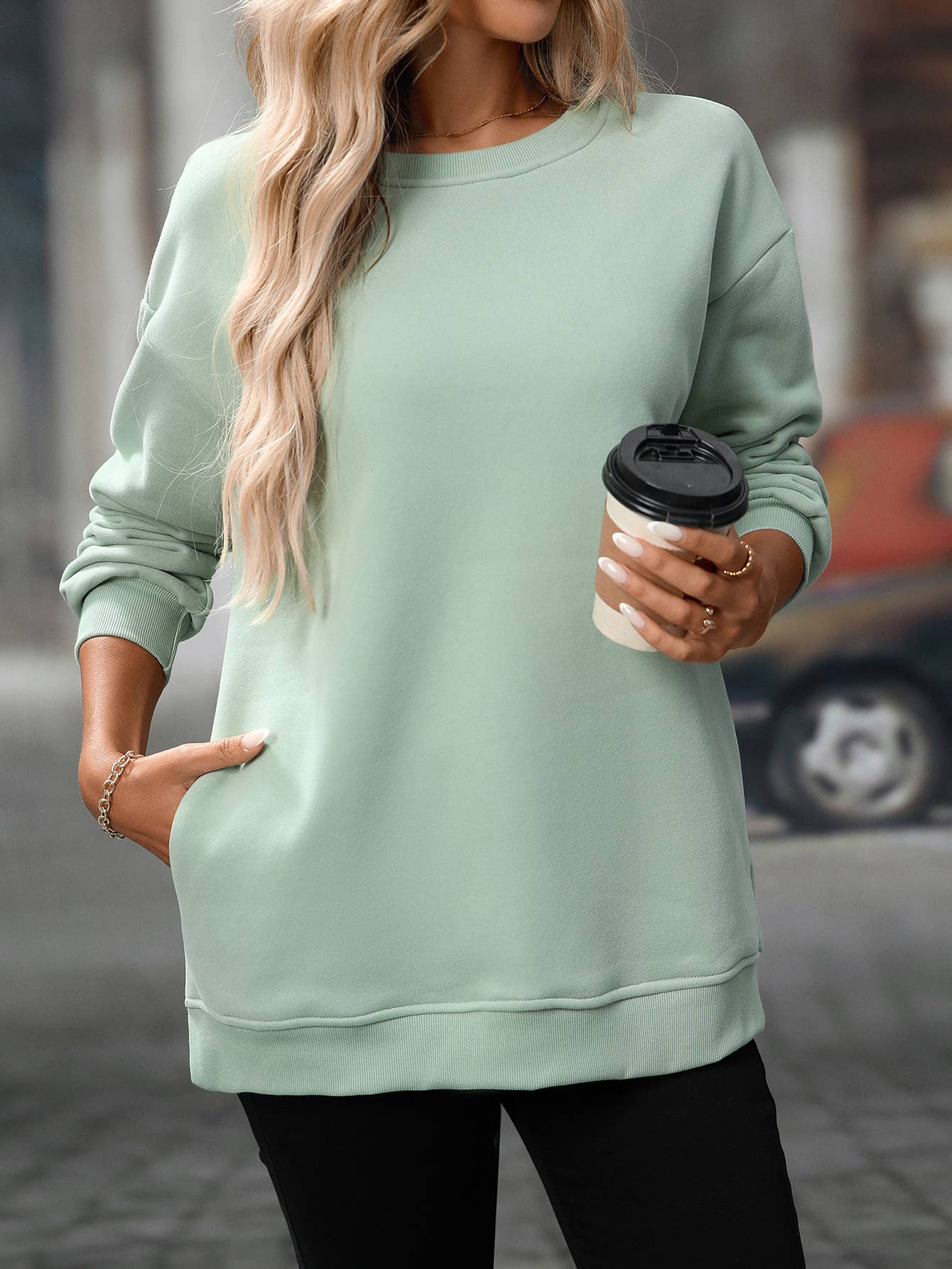Round-neck sporty Y2K fleece sweatshirt