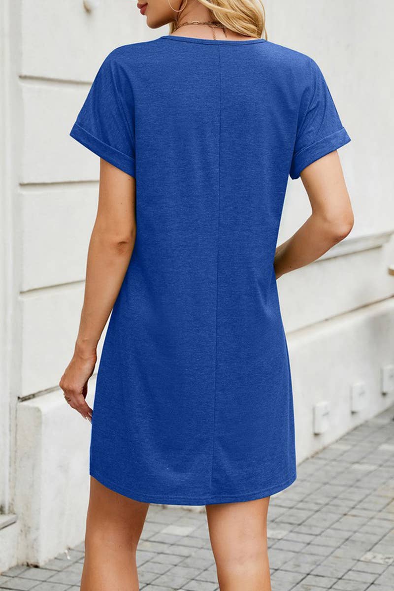 CWDSD7434_SPRING AND SUMMER V-NECK LOOSE SHORT SLEEVED DRESS