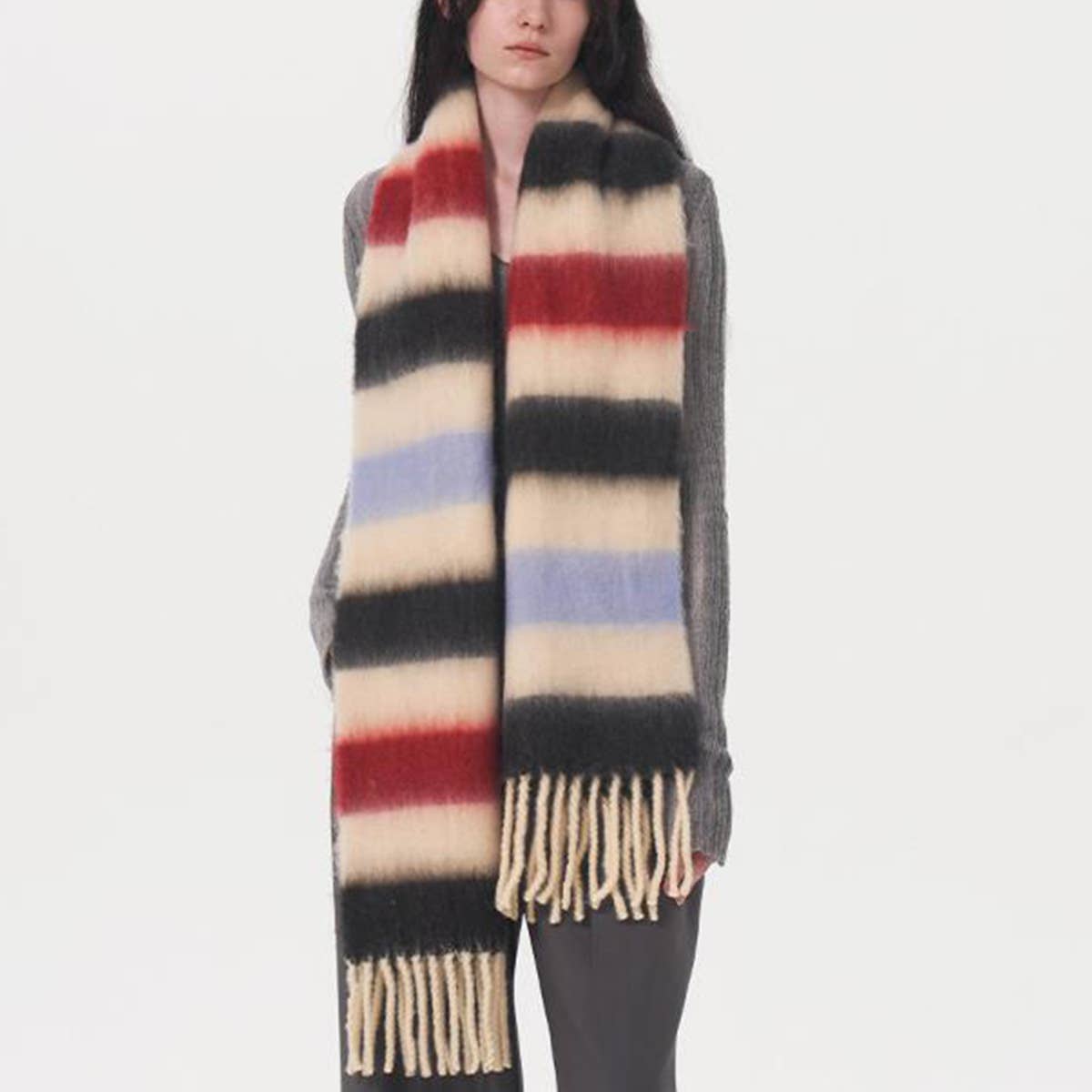 WOMEN CONTRASTING STRIPED FRINGED PLAID SCARF