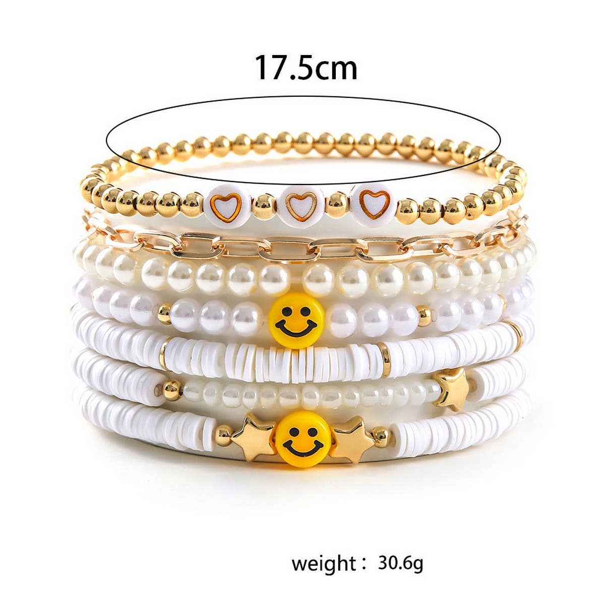 WHITE POLYMER CLAY STAR SMILEY FACE BRACELET SET