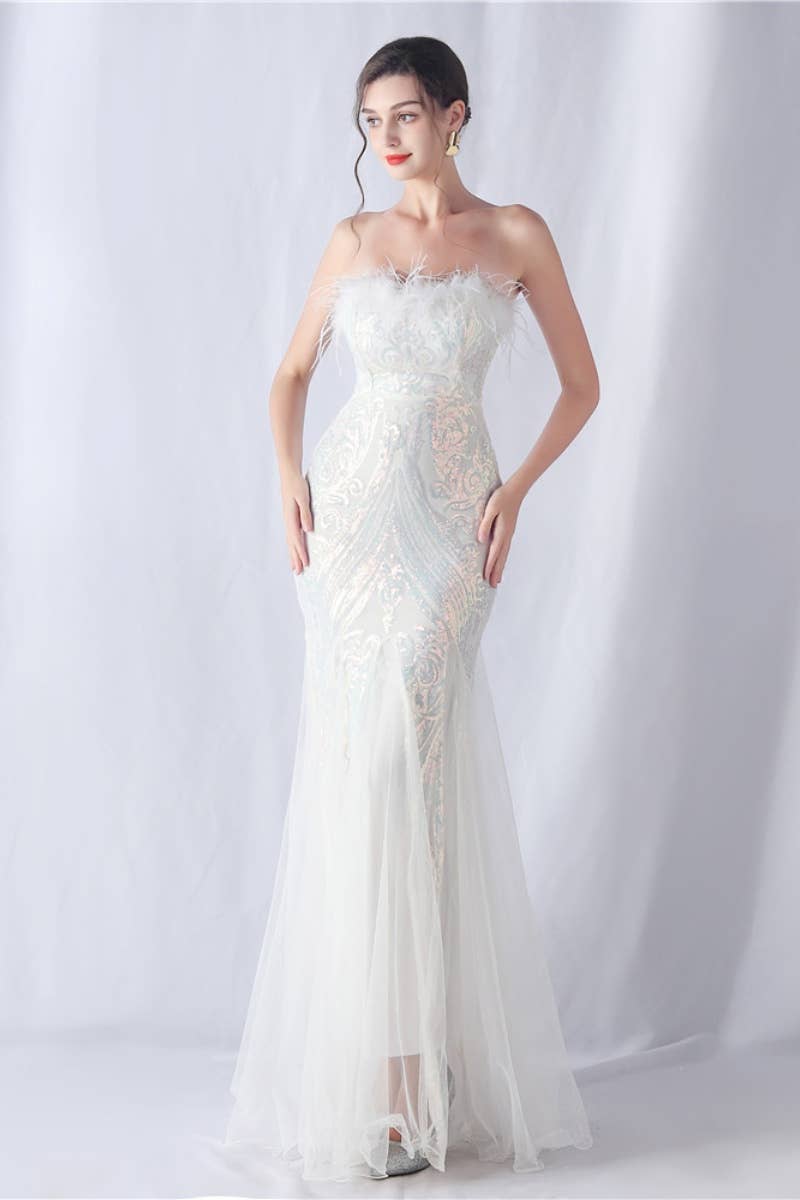 CWDMD3628_FURRY STRAPLESS SEQUIN EVENING DRESS LONG