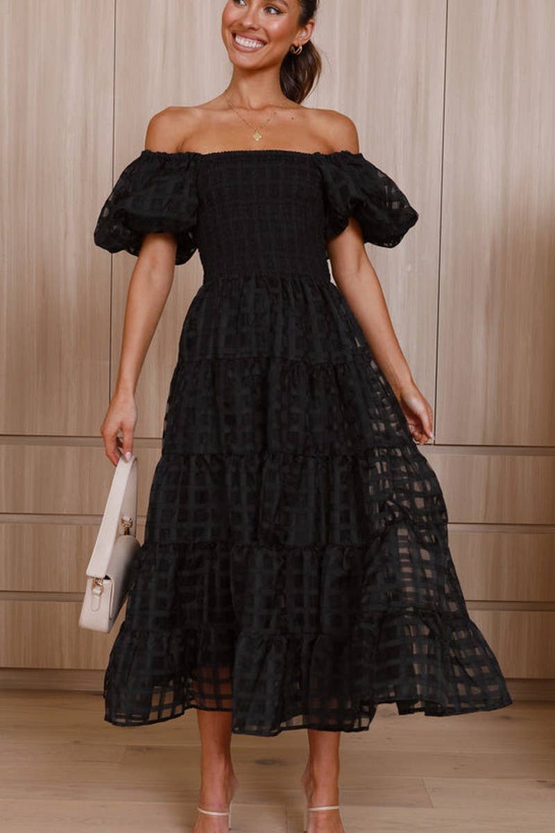 CWDMD5648_OFF SHOULDER LANTERN SLEEVE TIERED RUFFLE DRESS