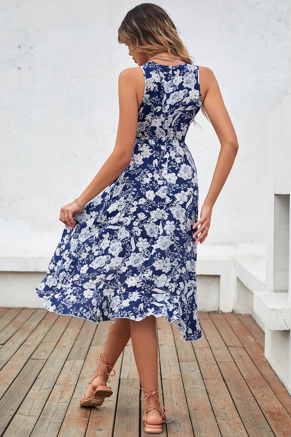 Ruffled LACES cinched waist long halter dress