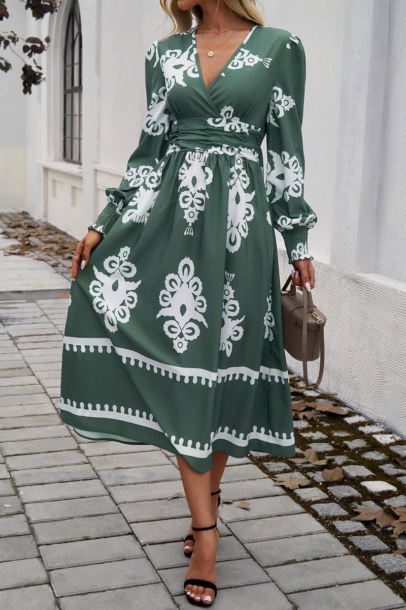 CWDMD4866_V-NECK ELEGANT CONTRAST COLOR LONG SLEEVE DRESS