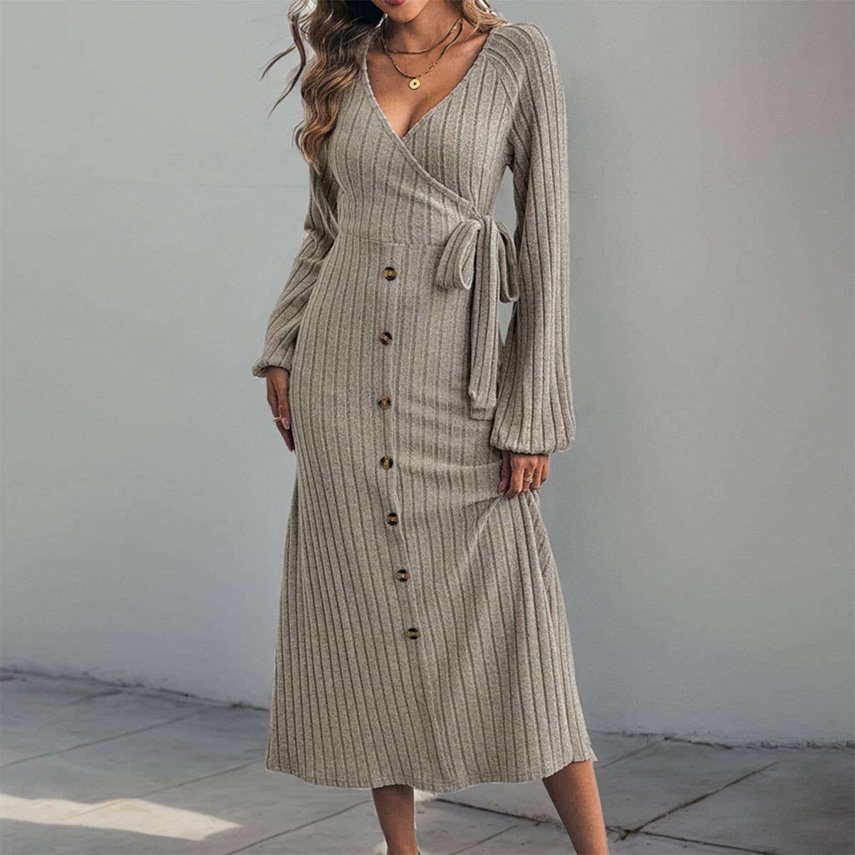 V-neck solid color button-up A-swing knit dress