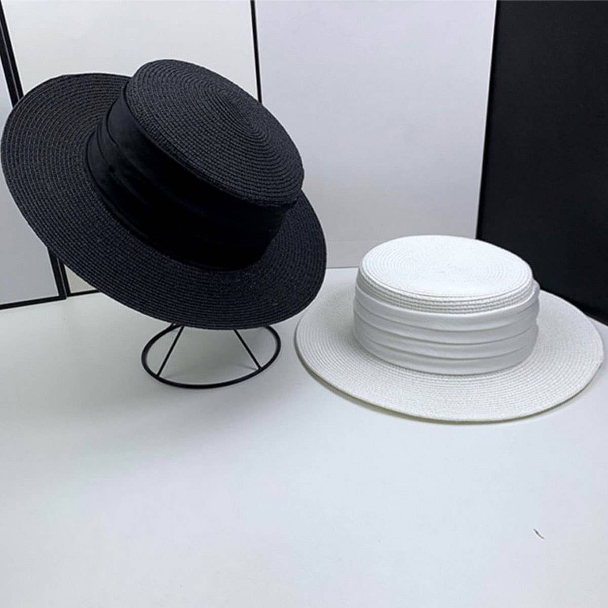 Summer Flat Top Premium Satin Straw Hat_CWAH3416