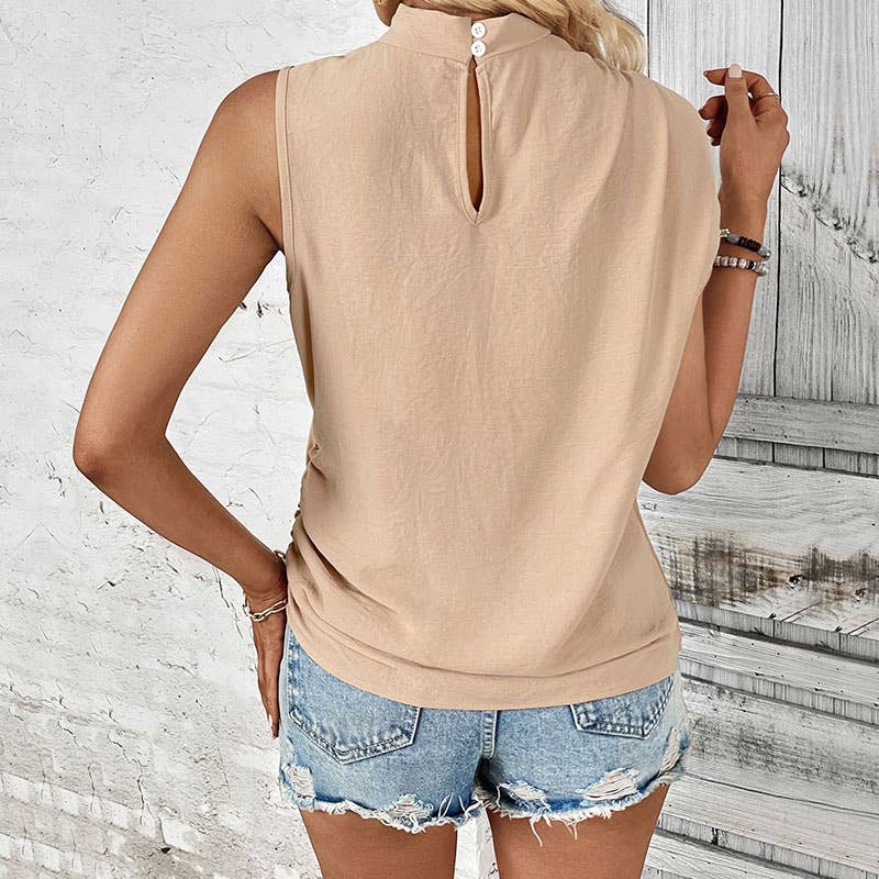 SOLID COLOR MID-NECK SLEEVELESS BLOUSE FOR WOMEN