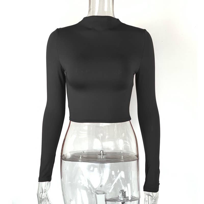 SLIM MIDRIFF HIGH-NECK SHORT LONG-SLEEVED TOP