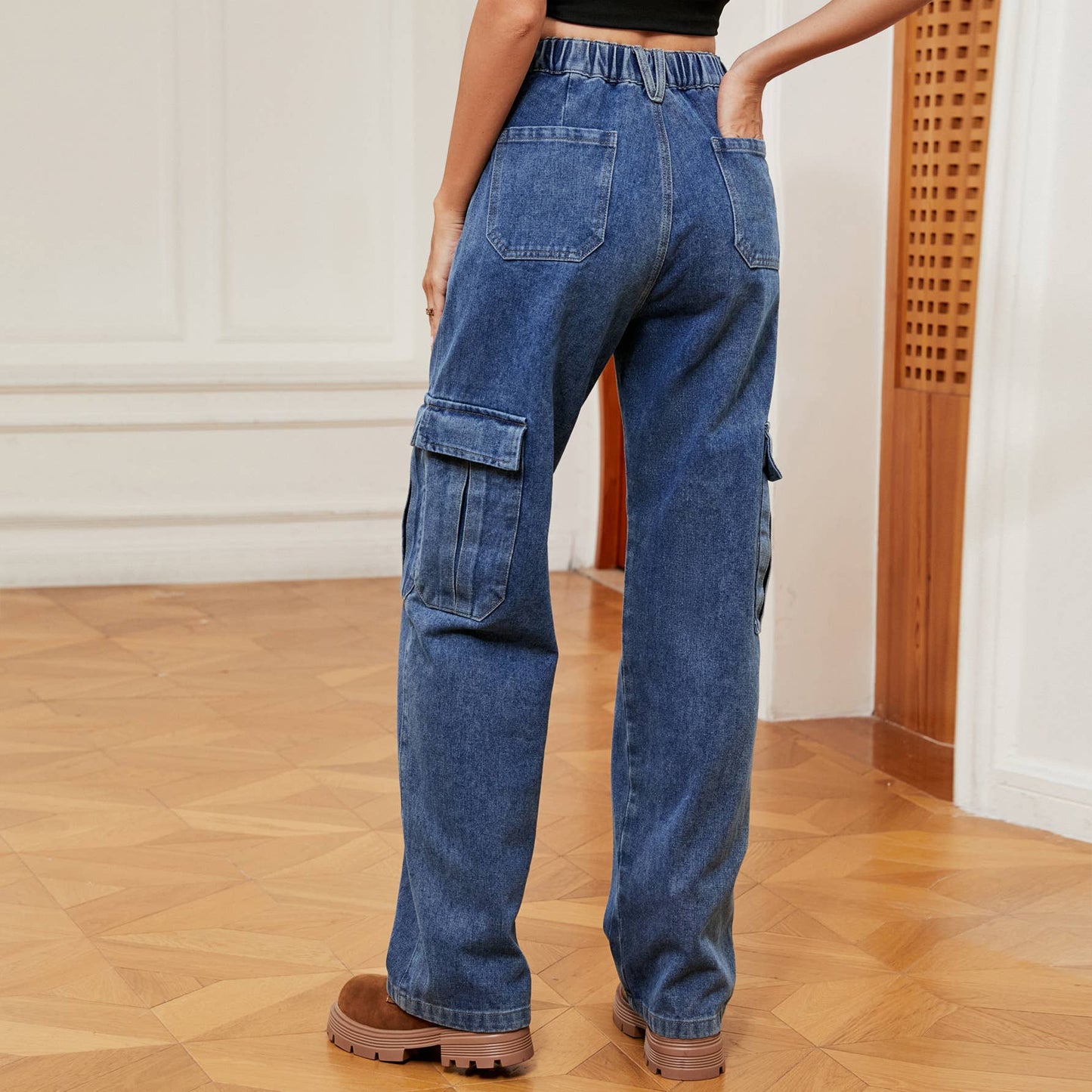 ELASTIC-WAISTED DENIM CASUAL CARGO PANTS