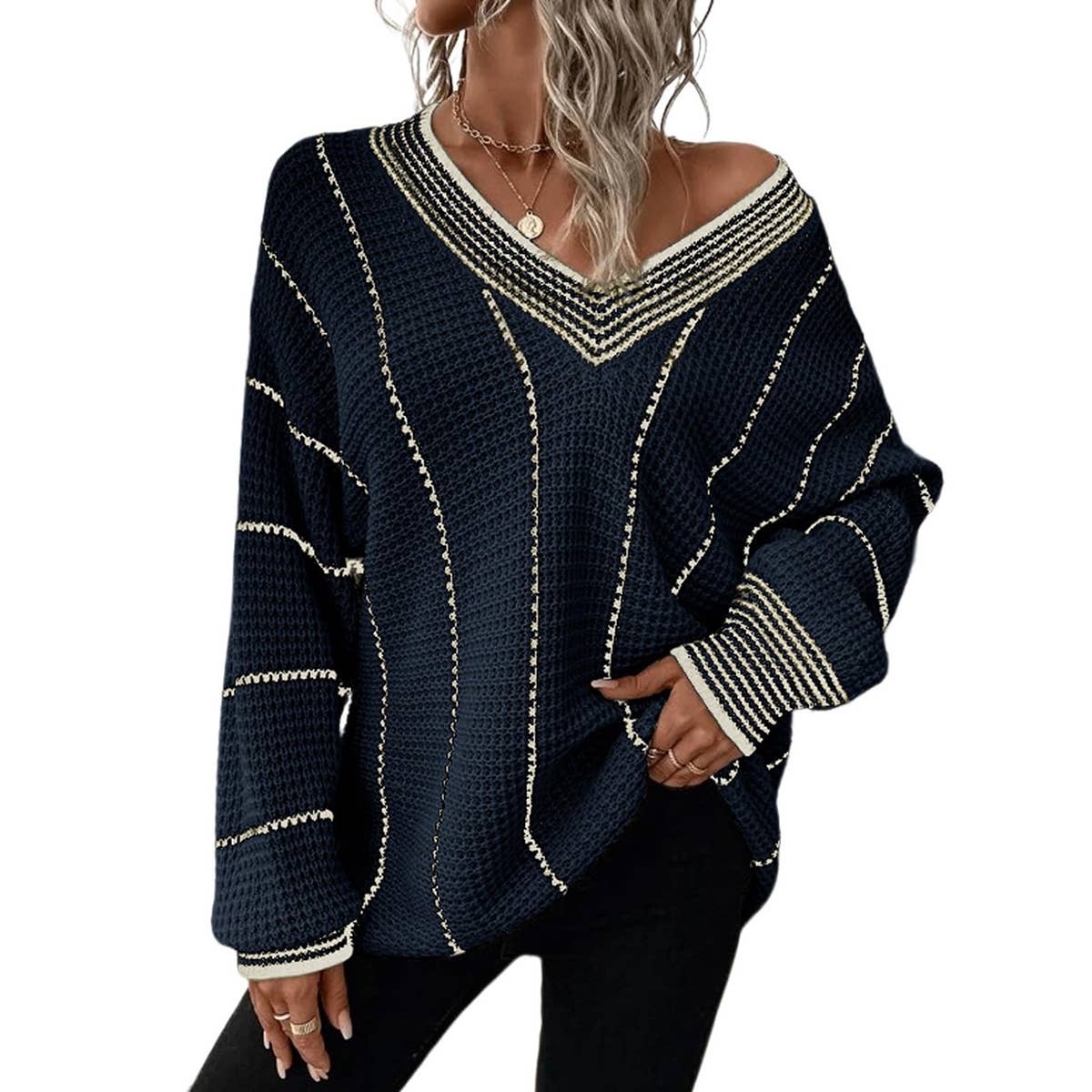 KNITTED V-NECK STRIPED PULLOVER SWEATER