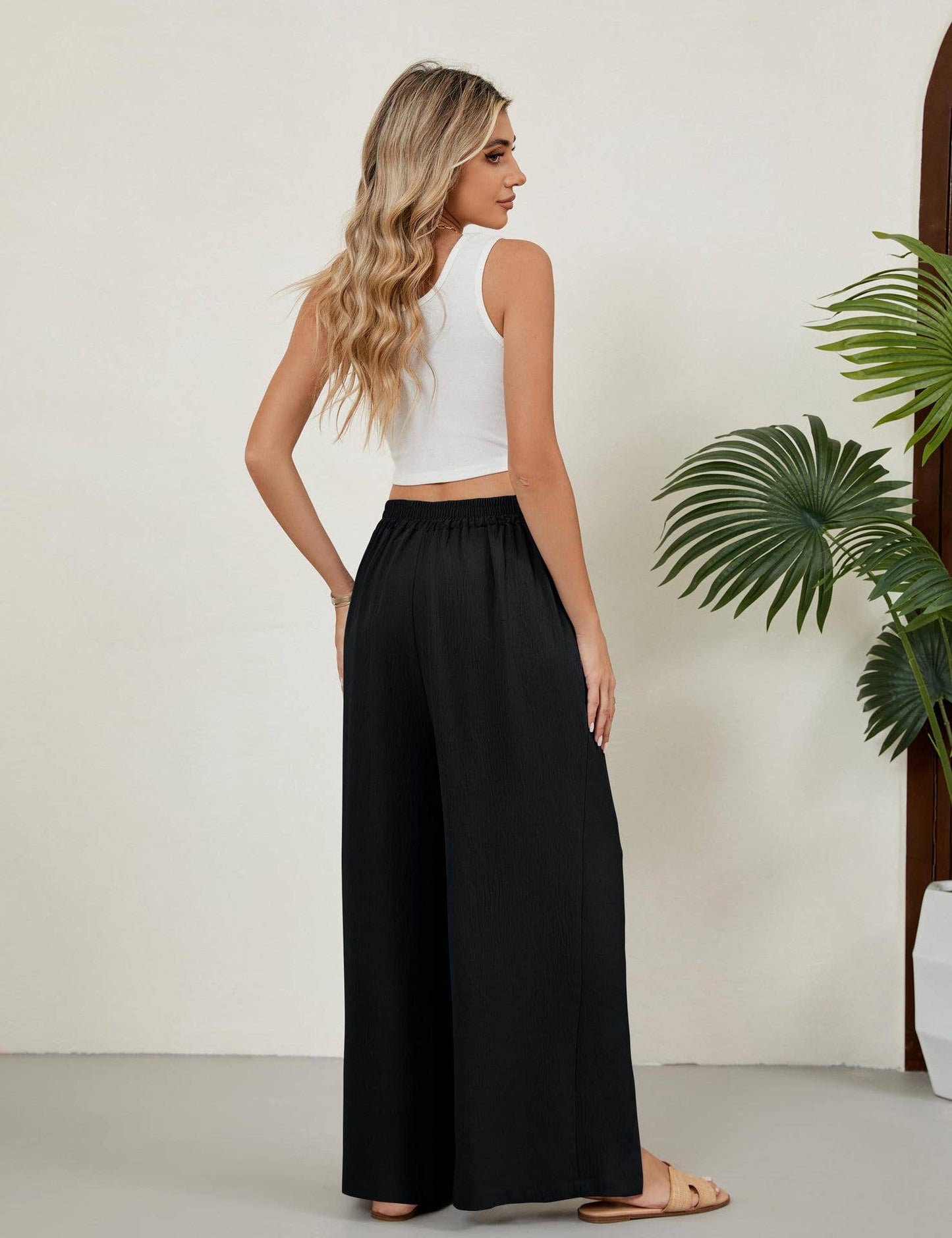 High-waisted stretched-waist slit wide-leg pants