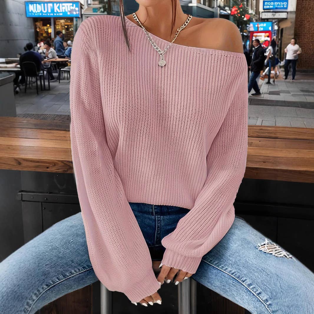 Solid-color loose pullover one-shoulder sweater