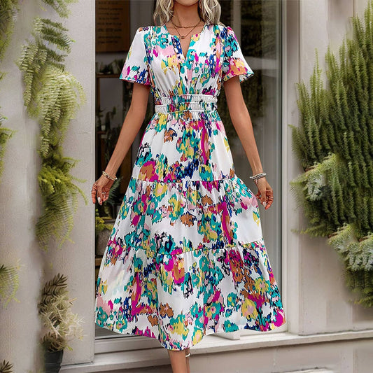 LONG SHORT SLEEVE V-NECK PRINT DRESS