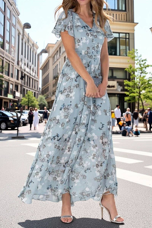 CWDMD01004_CHIFFON FLORAL SHORT SLEEVE RUFFLED V-NECK DRESS