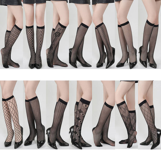 WOMEN FISHNET KNEE STOCKINGS HOLLOW OUT CALF SOCKS