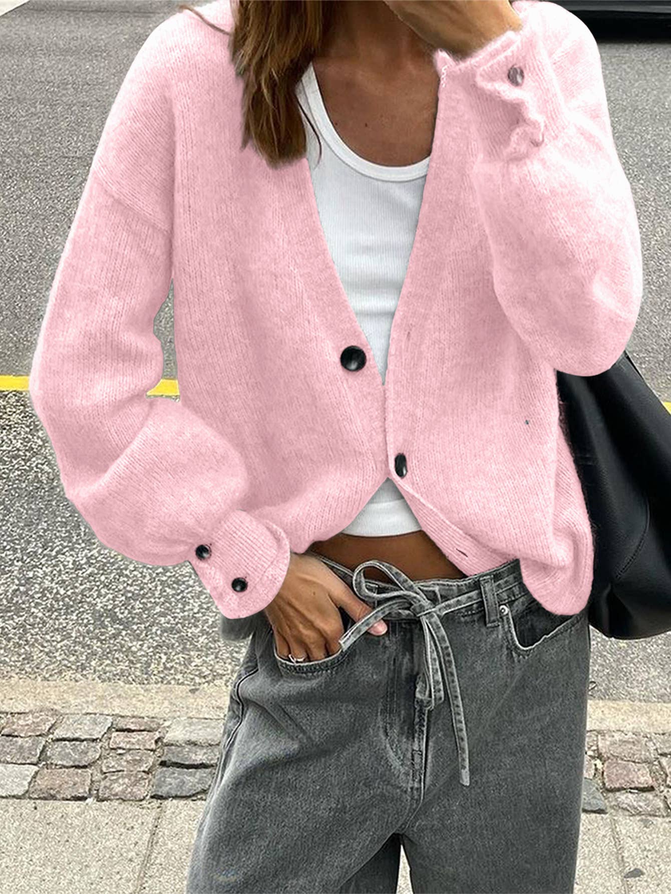 Simple button solid-color long-sleeved sweater