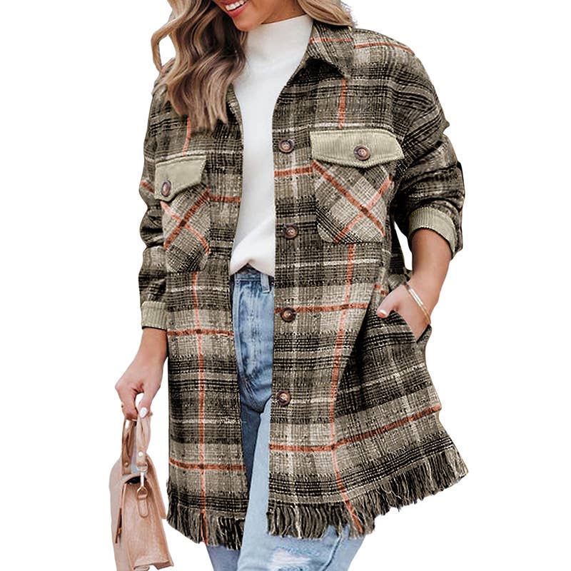 Stylish fringe pocket plaid blouse jacket for women
