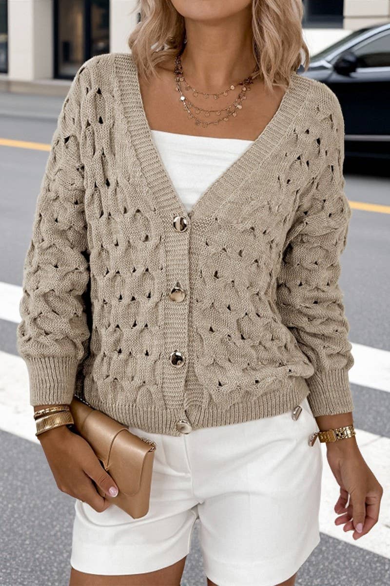 CWOCAL00707_LIGHTWEIGHT VINTAGE V NECK HOLLOW OUT CARDIGAN
