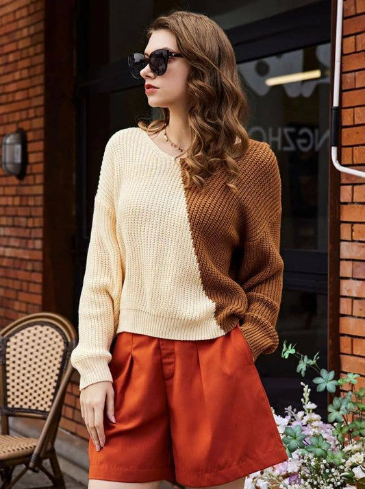 Patchwork V-Neck Sweater In Contrasting Colors
