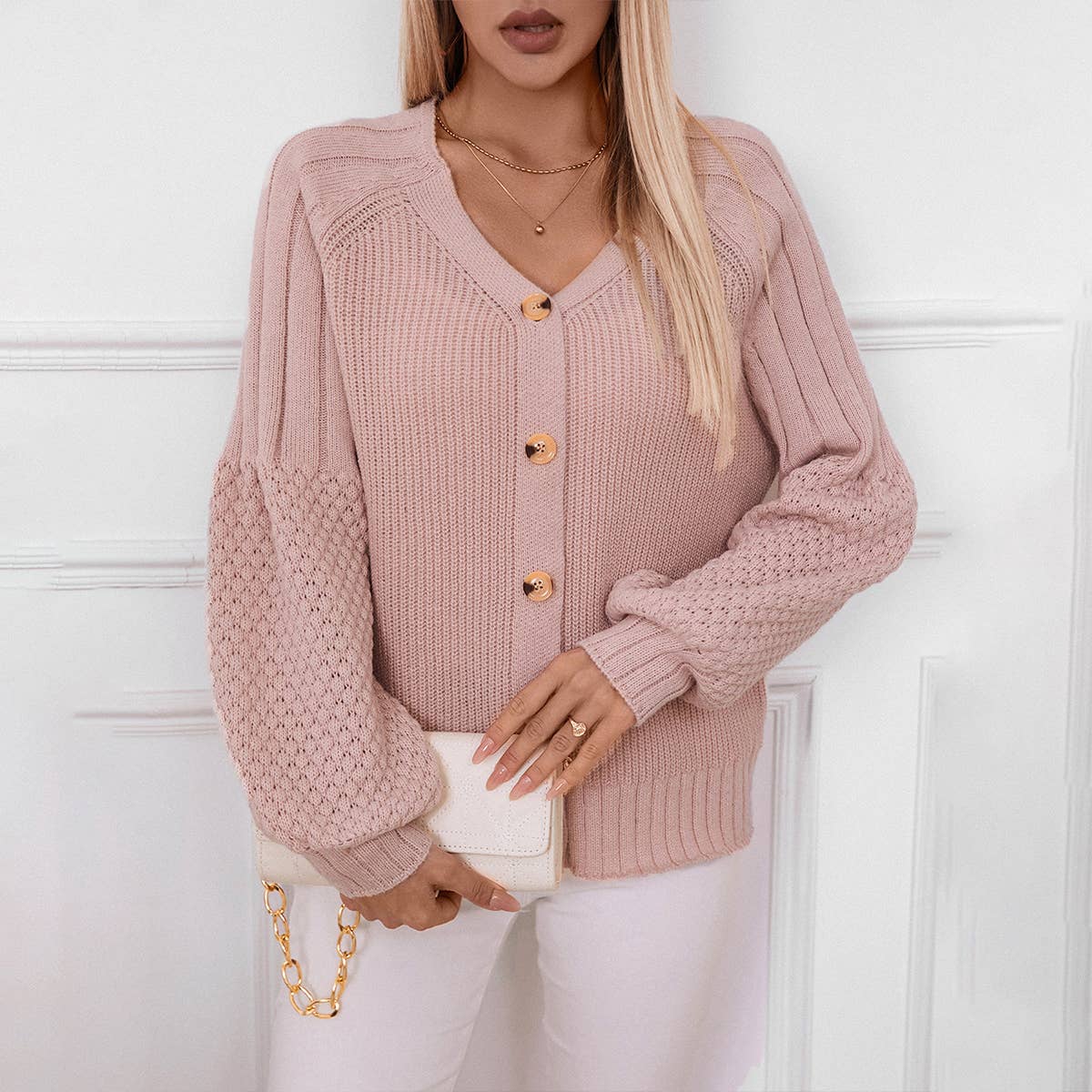 SOLID COLOR BUTTON KNIT LOOSE CARDIGAN COAT