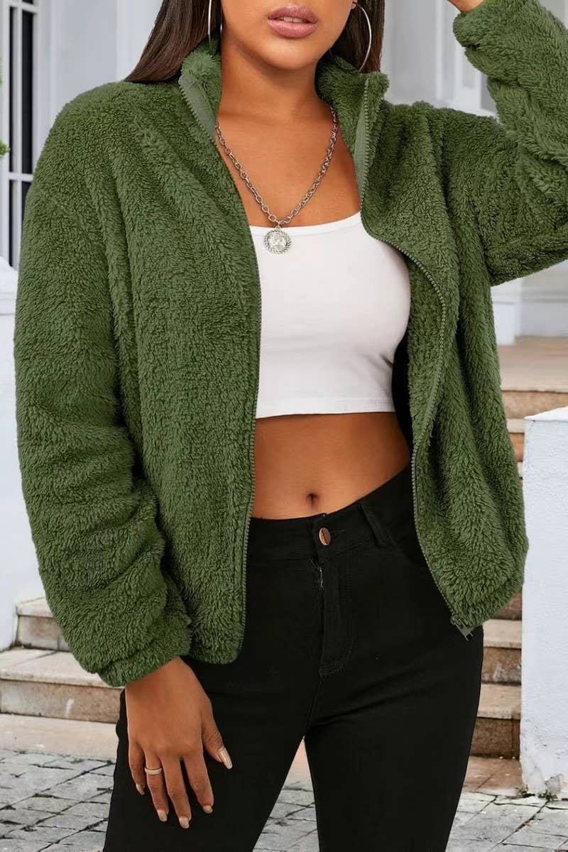 CWOCO00207_PLUSH CASUAL LOOSE ZIP-UP LONG-SLEEVED JACKET