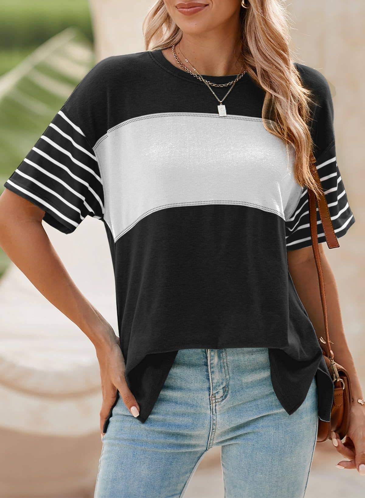 Women¡¯s colorblock striped crew neck tee