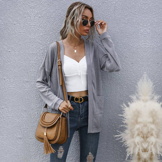 V-NECK SOLID COLOR LOOSE CASUAL SWEATER COAT