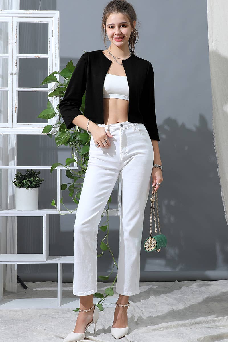 CWOBL105-P_SOLID OPEN FRONT 3/4 SLEEVE JACKET BLAZER