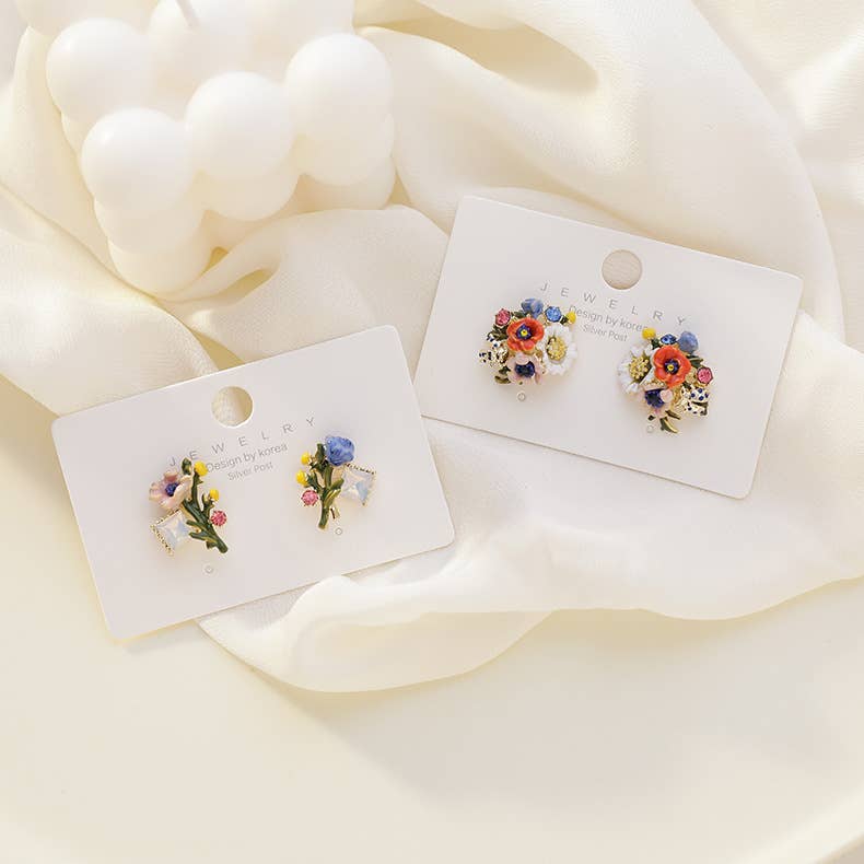 French enamel and colored glaze flower earrings