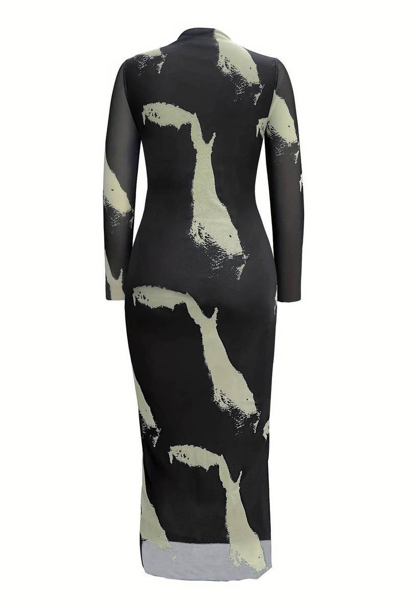 CWDMD5060_FASHION MESH PRINT SEXY TIGHT SLIT NEW DRESS