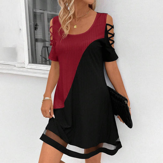 Women¡¯s colorblock lace mesh midi dress