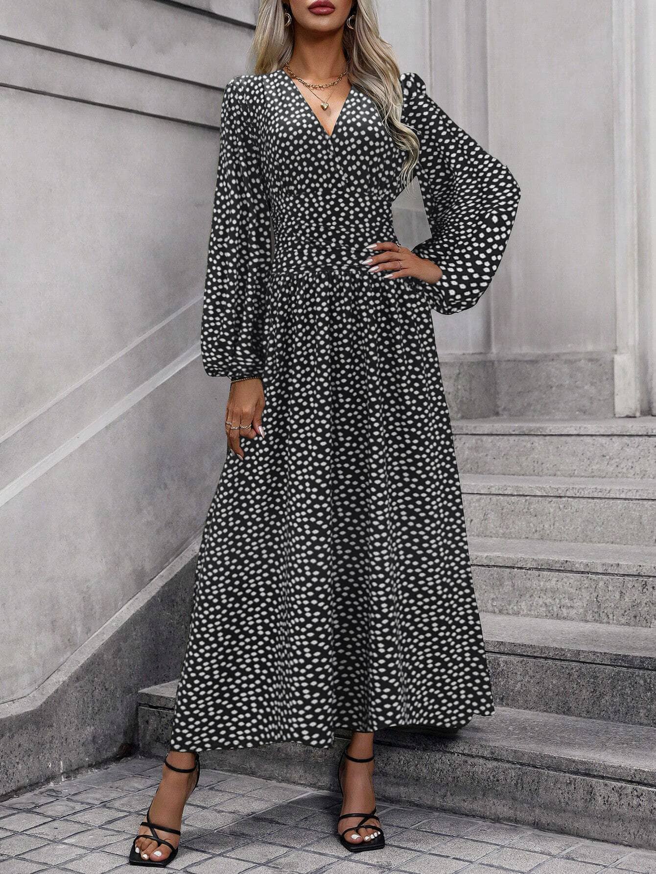 Lantern sleeve high slit V-neck dress