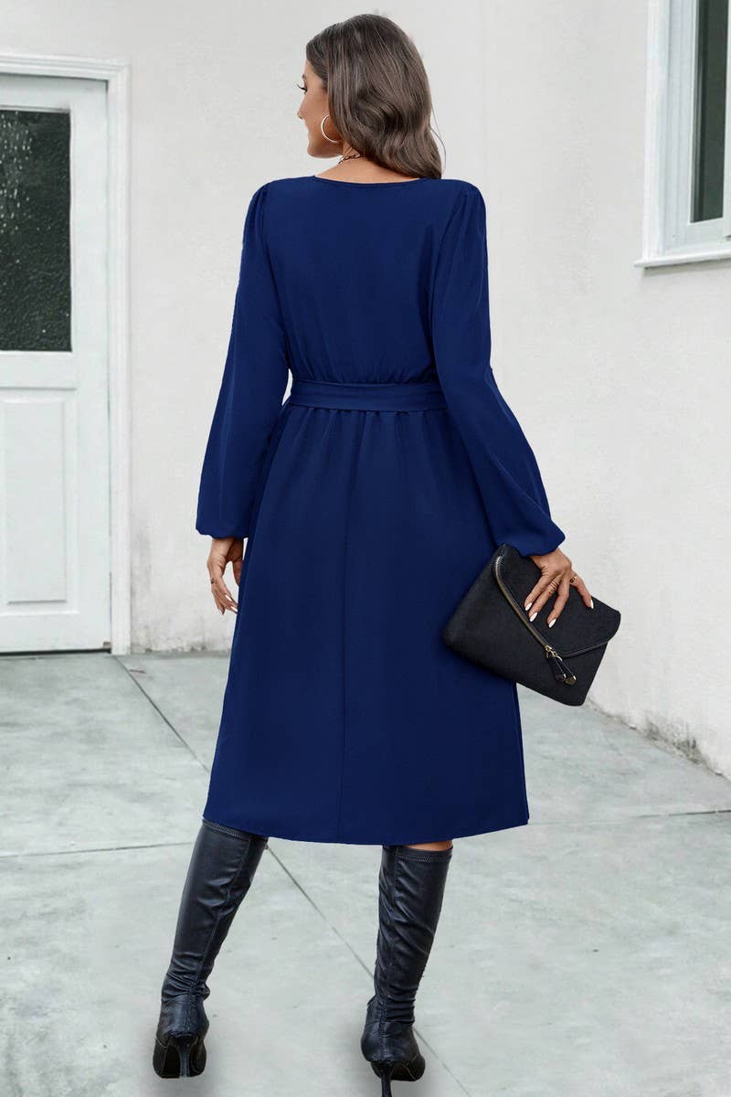 CWDSD4869_IRREGULAR NECKLINE TIE LONG SLEEVE DRESS